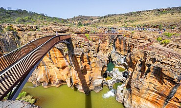 Bridges over a canyon with steep orange-coloured cliffs and the Blyde River, Bourke's Luck Potholes, Panorama Route, Mpumalanga, South Africa