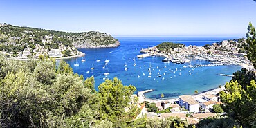 Port de Soller on Majorca from above holiday by the sea beach harbour with boats panoramic trip in Port de Sóller, Spain