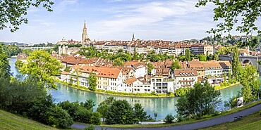 Bern City on the River Aare Old Town with Church Bern Cathedral Panorama in Bern, Switzerland