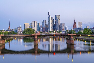 Frankfurt City Downtown, Ignatz Bubis Bridge and Main River at Morning Twilight. Hesse, Germany