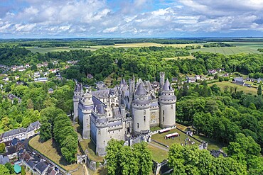 Aerial view Pierrefonds with castle Chateau de Pierrefonds, Departement Oise, Region Hauts-de-France, France