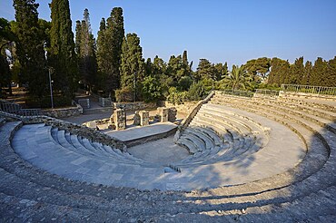 Ancient round amphitheatre with stone steps, surrounded by tall trees and ruins, Ancient Theatre, Odeon, Kos Town, Kos, Dodecanese, Greek Islands, Greece