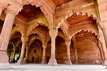 Interior arches and columns of the historic sandstone architecture, Red Fort, Delhi, India