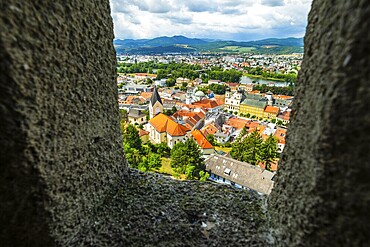 View from the castle of the town of Trenčín, the parish church of the Nativity of the Virgin Mary and the Neolog Synagogue as well as the old town centre of Trencin, Capital of Culture 2026, Trenčín, Slovakia