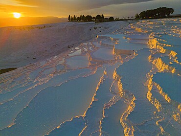 Twilight with illuminated terraces and reflecting water, surrounded by natural beauty, aerial view, sinter terraces, limestone sinter terraces, travertine terraces, Pamukkale, Denizli, UNESCO World Heritage Site, Anatolia, Turkey