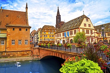 Strasbourg facades seen from the channel river bridge in beautiful east France