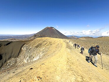 On the hiking trail of the Tongariro Alpine Crossing in Tongariro National Park with a view of the volcano Mount Ngauruhoe, North Island, New Zealand, Oceania