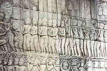 Stone bas-reliefs, Khmer war campaign against the Cham, relief wall, east façade, Bayon temple, Angkor Thom, Siem Reap province, Cambodia