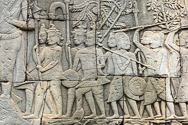 Stone bas-reliefs, Khmer war campaign against the Cham, relief wall, east façade, Bayon temple, Angkor Thom, Siem Reap province, Cambodia