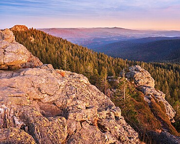 Sunset on the summit of the Großer Arber, view over rocks and endless forests, Bavarian Forest, Lower Bavaria, Bavaria, Germany