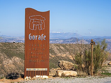 Signpost at the Gorafe megalithic park, Gorafe desert, Andalusia, Spain