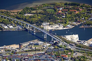 Stralsund with Rügen Bridge and Dänholm, Mecklenburg-Western Pomerania, Germany, aerial photo from a small aircraft, 27.04.2025  Stralsund with Rügen Bridge and Dänholm, Mecklenburg-Western Pomerania, aerial photo from a small aircraft, April 27, 2025 ++ Minimum fee 50, - euro ++
