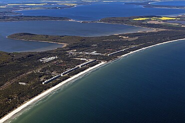 Binz, Colossus of Prora, general view, in the background the Little Jasmund Bodden, Rügen Island, Mecklenburg-Western Pomerania, Germany, aerial photo from a small aircraft, 27.04.2025  Binz, Colossus of Prora, general view, in the background the Little Jasmund Bodden, Rügen Island, Mecklenburg-Western Pomerania, aerial photo from a small aircraft, April 27, 2025 ++ Minimum fee 50, - euro ++