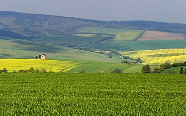 Rural abstract landscape with rolling hills and windmill in South Moravia, Czech Republic