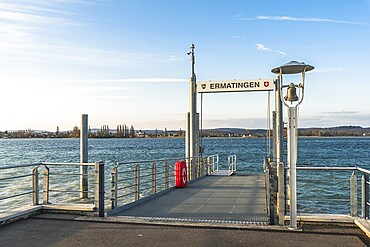 Jetty in Ermatingen, view to the island of Reichenau, Lake Constance, Canton Thurgau, Switzerland