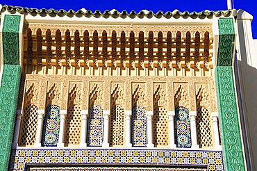 Royal Palace entrance area, Symmetrical view of a Moroccan palace with ornate Tor tor, Northern Morocco, Morocco, Traditional façade with richly decorated architectural details, Fez, Northern Morocco, Morocco