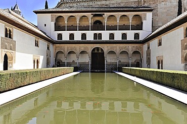 Alhambra, Granada, Andalusia, Spain, Europe, Symmetrical building with water basin in the inner courtyard, well-kept hedges