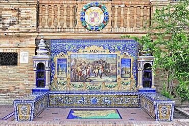 Plaza de España in Sevilla, Sevilla, Andalusia, Spain, Europe, Traditional mosaic with historical scenes and inscription Jaén