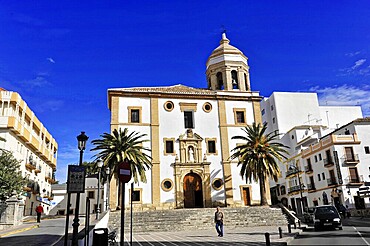 La Merced or Church of Our Lady of Mercy, Large church with palm trees on a sunny square, Impressions of Ronda, Ronda, Province of Malaga, Andalusia, Spain