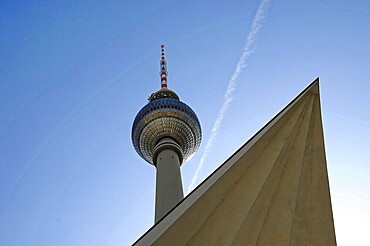 TV Tower, Alexanderplatz, Berlin Mitte, Berlin, Germany, Berlin TV Tower at Alexanderplatz, Berlin, Berlin, Germany, The Berlin TV Tower rises into the sky, with geometric shapes in the foreground, Berlin, Germany