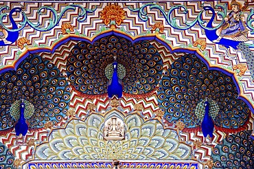 City Palace Jaipur, Rajasthan, North India, India, Asia, Detailed mural with colourful peacocks and ornaments