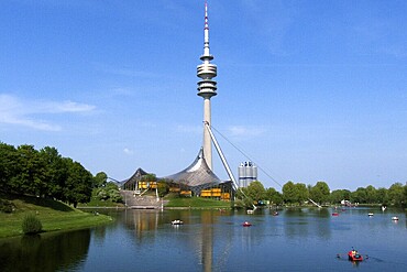Olympic Lake, Olympic Tower, Olympic Swimming Pool, Olympic Park, BMW four-cylinder tower block behind, Munich, Bavaria, Germany