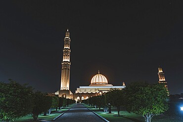 Sultan Qabus Grand Mosque, illuminated at night, Oman
