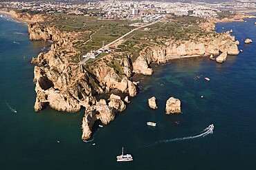 Drone shot, Ponta da Piedade, typical Algarve rock formation, Portugal