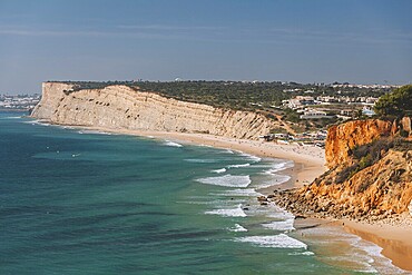 Panoramic view, sandy beach, rocky coast, Algarve, Portugal