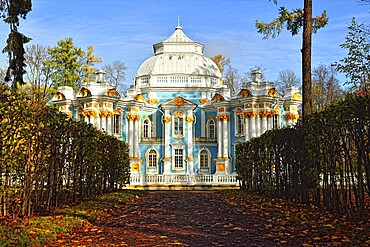 The Hermitage Pavilion in Catherine Park in the city of Pushkin, Russia, sunny autumn landscape