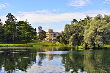 Summer Landscape in Gatchina park. View to the pond and palace