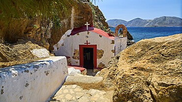 Legend, Crab, Mussel fisherman, Beautiful chapel on the rocky Mediterranean coast in sunny weather, Characteristic red roof, Chapel, Little church, Agia Kavouradena Monastery, Xirokambos, Leros, Dodecanese, Greek Islands, Greece
