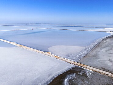 A vast salt lake under a clear blue sky, with simple geometric lines and footbridge, aerial view, salt lake, Tuz Gölü, location between Konya, Aksaray and Ankara, Turkey