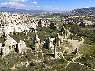 Wide rocky backdrop with outstanding geological formations in Cappadocia, aerial view, Love Valley, Göreme National Park, Göreme Tarihî Millî Parkı, Nevsehir Province, Nevşehir, Cappadocia, Cappadocia, Cappadocia, Cappadocia, Central Anatolia, Turkey