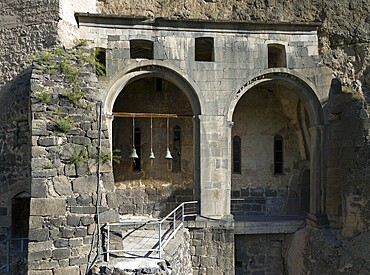 Historic architecture with bells and arcades, embedded in rocky structures, aerial view, Church of the Assumption, cave town, cave monastery, Vardzia, Vardzia, Samtskhe-Javakheti region, Samtske Javakheti, Lesser Caucasus, Georgia