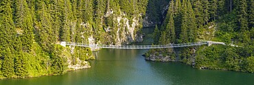 Suspension bridge, drone image, Passerelle himalayenne du lac de St-Guérin, Beaufort, Beaufortain, Savoie, France