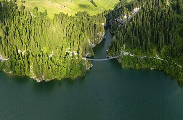 Suspension bridge, drone image, Passerelle himalayenne du lac de St-Guérin, Beaufort, Beaufortain, Savoie, France