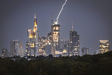 Lightning strikes over Frankfurt, force of nature in the centre of the city. City centre of Frankfurt am Main, Hesse, Germany