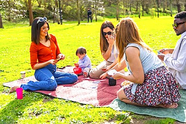 Group of friends gathering on a sunny day, playing cards and relaxing on a blanket in the park, enjoying each other's company and laughter