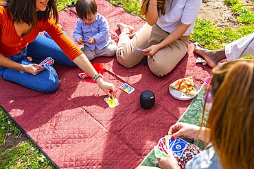 Group of friends enjoying a sunny day playing cards and eating pizza at a picnic in the park