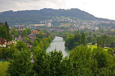 Beautiful Cityscape with Forest and River Aare in a Rainy Day with Overcast Sky in Bern, Canton Bern, Switzerland