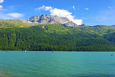 Windsurfing and Wingsurfing on Alpine Lake Silvaplana in a Sunny Summer Day with Mountain in Silvaplana, Maloja, Grisons, Switzerland