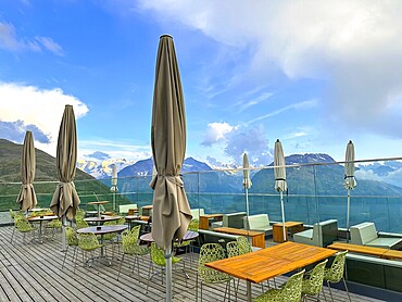Beautiful Terrace View over the Swiss Alps with Glacier in a Sunny Summer Day with Sky and Clouds over St Moritz, Maloja, Grisons, Switzerland