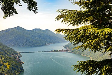 Panoramic View over Lake Lugano and Mountain View in the Swiss Alps in a Sunny Summer Day in Lugano, Ticino, Switzerland