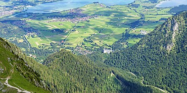 Panorama from the Säuling, 2047m, to Neuschwanstein Castle, Füssen, Schwangau, Sankt Coloman and the Forggensee, Ostallgäu, Bavaria, Germany