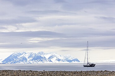 Sailing ship against a mountain backdrop, fjord off Longyearbyen, Spitsbergen, Svalbard