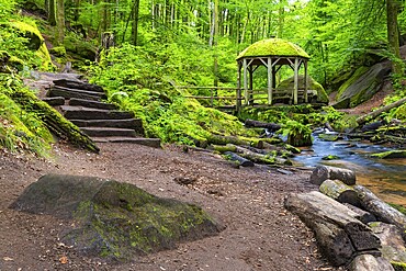 Stream, stone steps, pavilion, Karlstal Gorge, Trippstadt, Pfläzerwald, Rhineland-Palatinate, Germany