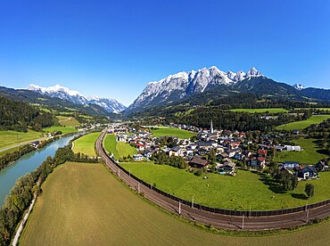 Drone shot, view of village with church, Pfarrwerfen, Tennengebirge, Salzachtal, Pongau, Salzburg province, Austria
