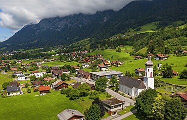 Drone image, view of the village with parish church, Braz, Klostertal, Vorarlberg, Austria
