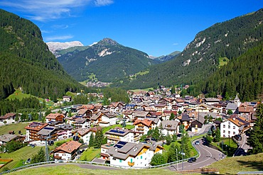 View over town from above, Canazei, Trentino-Alto Adige, Italy, Europe